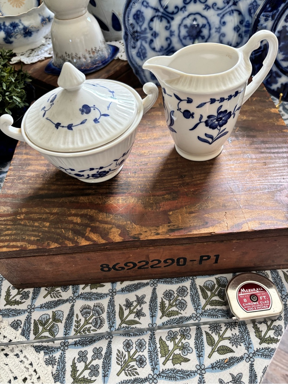 Blue Floral Ironstone Sugar Bowl and Creamer Set